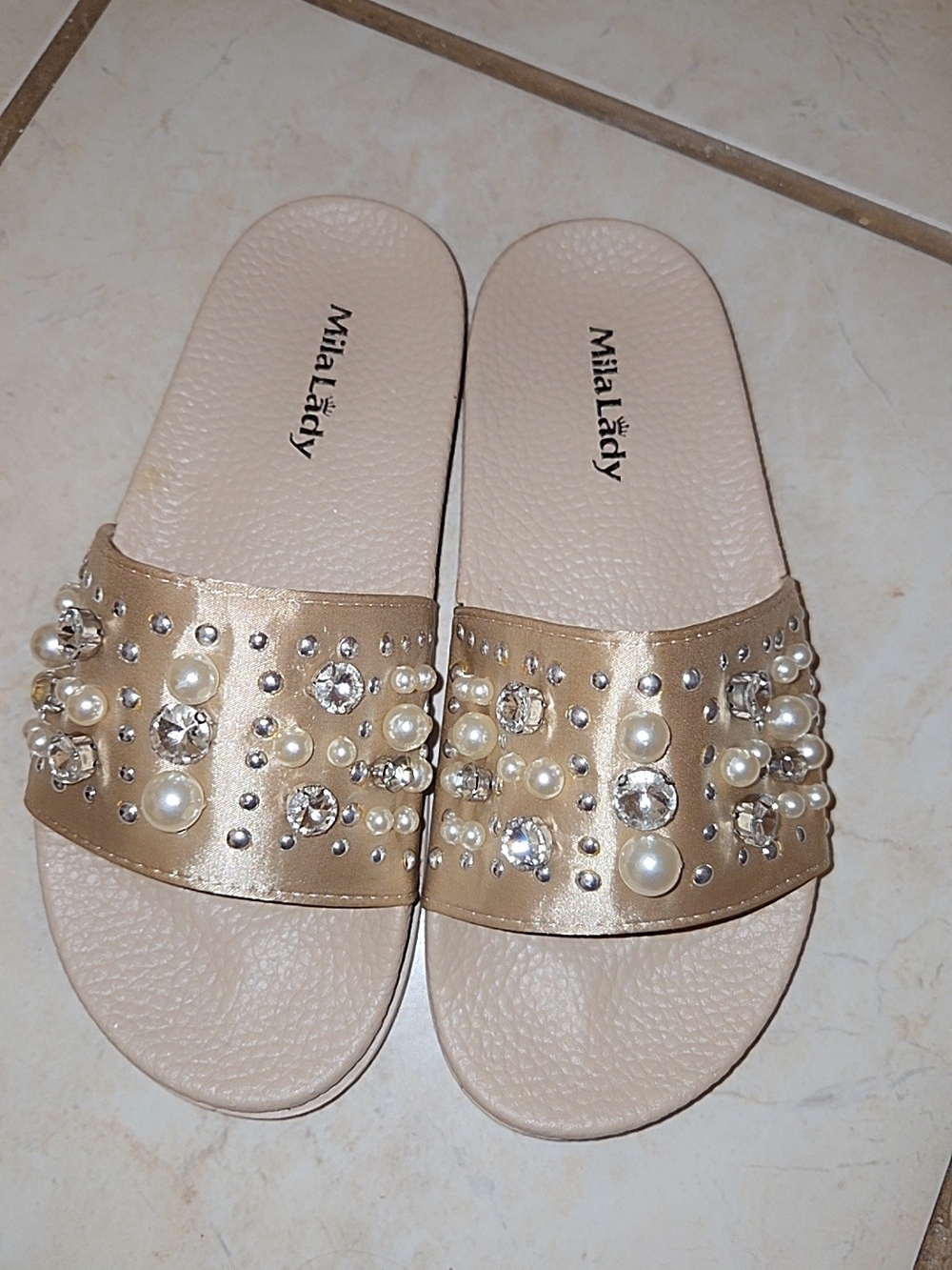 Mila Lady Gold Pearl & Crystal Slide Sandals for Women